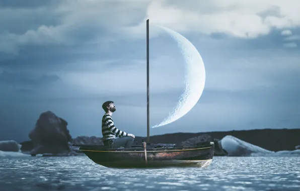 Картинка луна, лодка, человек, парус