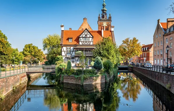 Картинка деревья, дом, Польша, канал, островок, Poland, Old Town, Gdansk