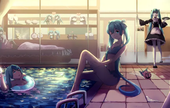 Бассейн, vocaloid, hatsune miku, фигурки, много, горничная, хатсуне мику