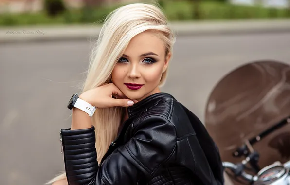 Blue eyes, motorcycle, model, blonde, makeup, leather jacket, women outdoors, women with motorcycles