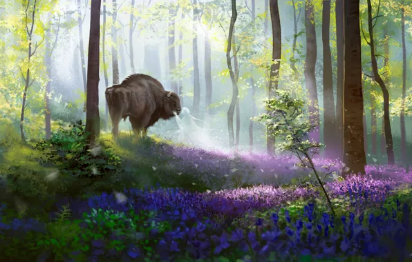 Лес, природа, дух, фэнтези, арт, бизон, Alex Shiga, Bison's daydream