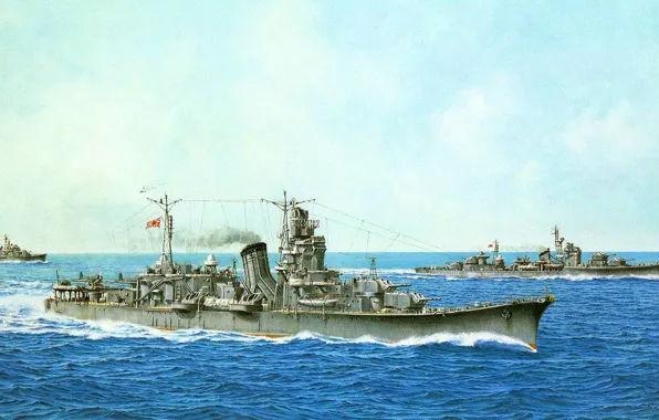 Море, рисунок, арт, японские, в походе, WW2, &ampquot;Furutaka&ampquot;, легкие крейсера