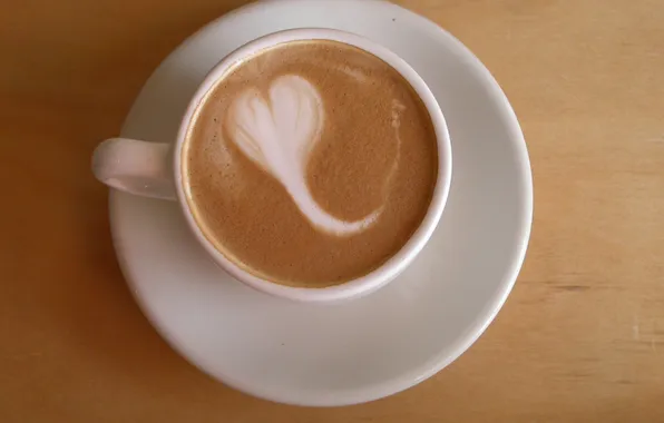 Рисунок, сердечко, капучино, чашка кофе, деревянный стол, пенка молочная