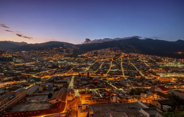 Lights, mountains, clouds, morning, dawn, cityscape, Ecuador, Quito