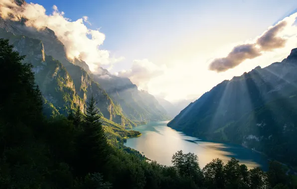Картинка горы, озеро, forest, Switzerland, lake, Mounts, Klontalersee
