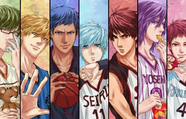 Спорт, аниме, баскетболисты, Atsushi Murasakibara, Tetsuya Kuroko, Daiki Aomine, Kuroko no Basket, Shintaro Midorima