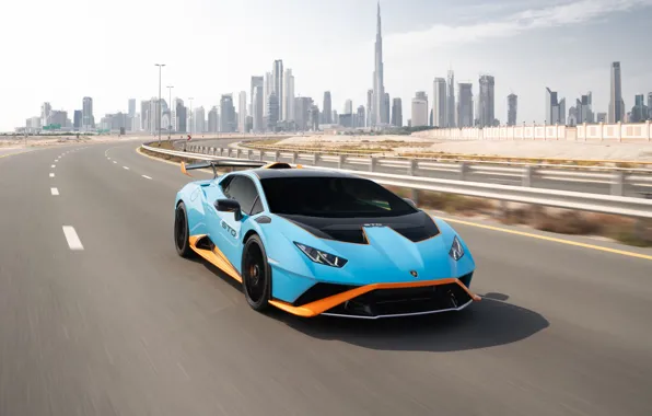 City, lamborghini, road, blue, speed, orange, asphalt, huracan
