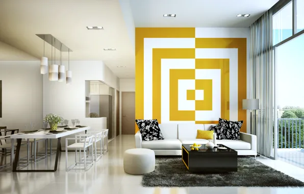 White, yellow, living room, decoration