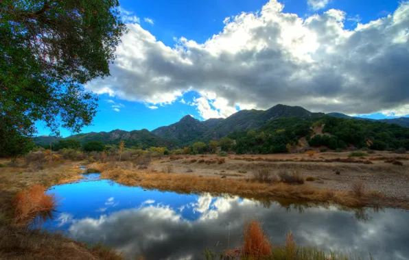 Картинка небо, облака, деревья, пейзаж, горы, отражение, река, california