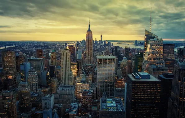 Закат, Нью-Йорк, горизонт, Манхэттен, skyline, sunset, New York, Manhattan