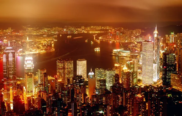 Ночь, Гонконг, небоскребы, Огни