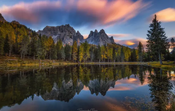 Картинка осень, лес, небо, деревья, горы, природа, озеро, отражение