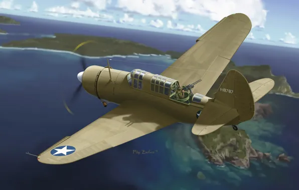 Картинка самолет, арт, художник, США, ВВС, многоцелевой, Curtiss, ударный