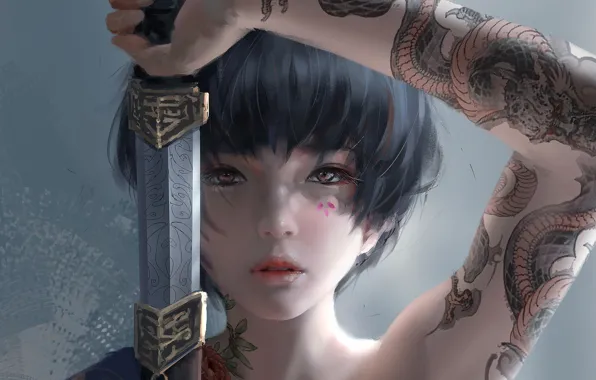Картинка girl, sword, fantasy, katana, tattoo, asian, digital art, artwork
