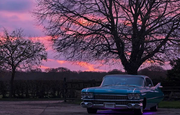 Ретро, рассвет, Cadillac, стоянка, 1959, Sedan de Ville