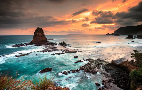 Картинка закат, скалы, побережье, Индонезия, Ява, Indonesia, Яванское море, Java Sea