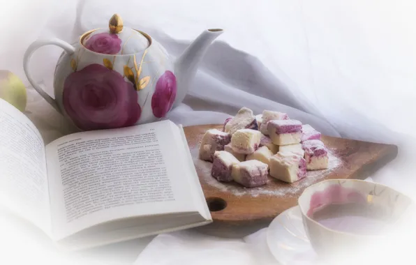 Чай, чайник, конфеты, чаепитие, чашка, ткань, книга, страницы