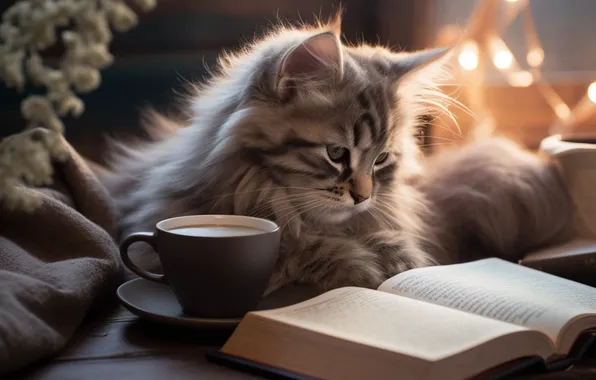 Кошка, взгляд, поза, уют, котенок, стол, серый, чашка