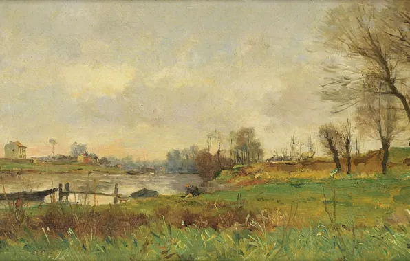 Картинка пейзаж, лодка, 1881, Пьер Эммануэль Дамуа, The Isle of Saint-Ouen, Pierre-Emmanuel Damoye
