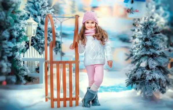 Картинка зима, снег, праздник, забор, новый год, девочка, фонарь, санки