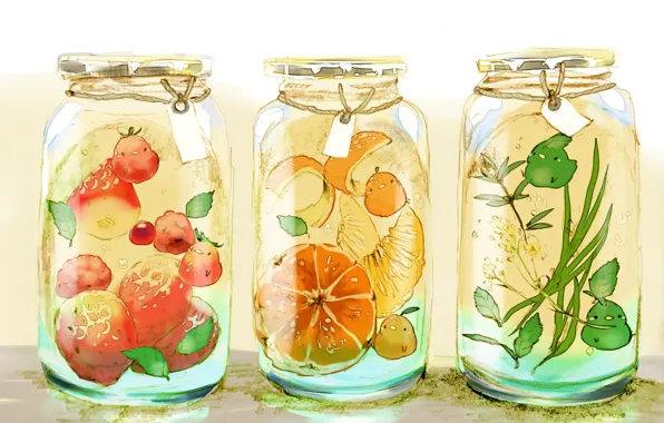 Листья, апельсин, клубника, существа, три, крышки, птички, банки