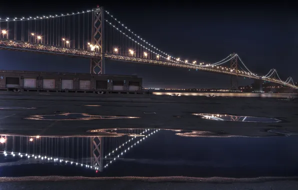 Ночь, отражение, the bay bridge