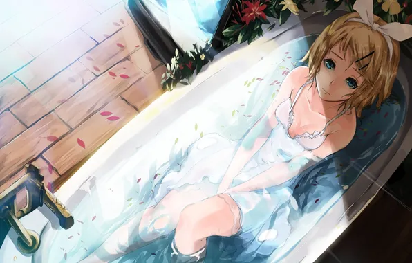 Вода, девушка, солнце, лепестки, ванна, vocaloid, kagamine rin