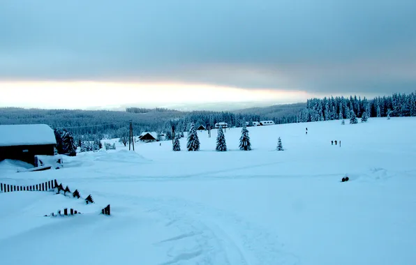 Зима, лыжники, поселок, Шумава, Богемия, national park Šumava