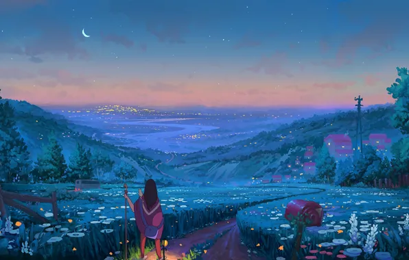 Ландшафт, Закат, Девушка, Река, Гора, Деревня, Долина, Landscape