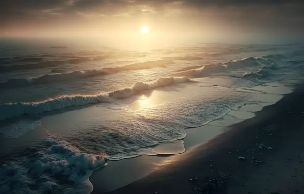 Картинка песок, море, пляж, закат, океан, волна, storm, beach