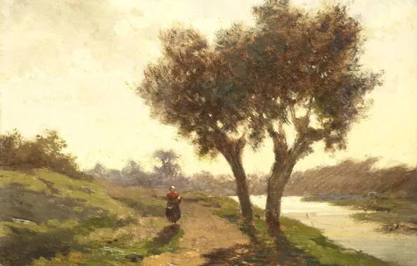 Река, картина, путник, Поль Жозеф Константин Габриэль, Пейзаж с Двумя Деревьями