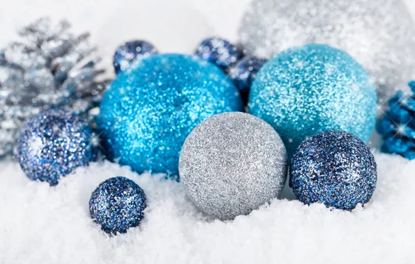 Зима, шарики, снег, шары, игрушки, Новый Год, Рождество, синие
