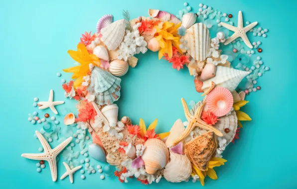 Звезды, цветы, фон, ракушки, blue, flowers, background, marine