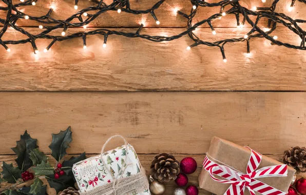 Картинка украшения, Новый Год, Рождество, подарки, гирлянда, Christmas, wood, New Year