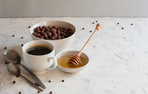Картинка шарики, кофе, завтрак, мед, ложки