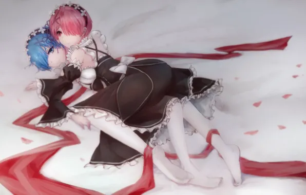 Девушки, лента, anime, art, ram, горничные, rem, re zero kara hajimeru isekai seikatsu