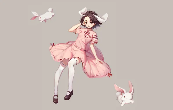 Чулки, серый фон, ушки, touhou, art, розовое платье, Touhou Project, Проект Восток