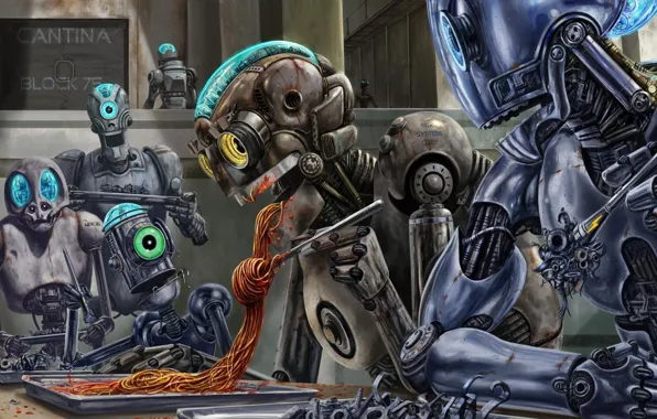 Еда, роботы, опасная, Bernard Bittler, спагетти, соус