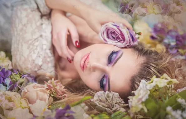Девушка, цветы, лицо, настроение, роза, текстура, макияж, Magdalena Kozłowicz