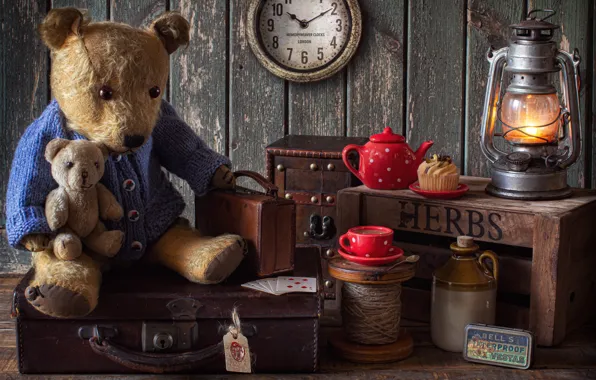 Карты, стиль, игрушки, часы, лампа, чайник, медведь, кружка