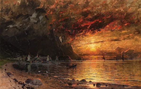 Вода, солнце, закат, берег, лодка, фьорды, adelsteen normann, fjord landscape with midnight sun