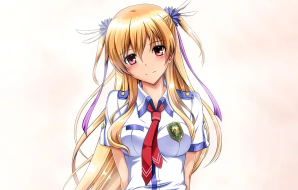 Girl, school uniform, long hair, boobs, anime, beautiful, ribbons, red eyes