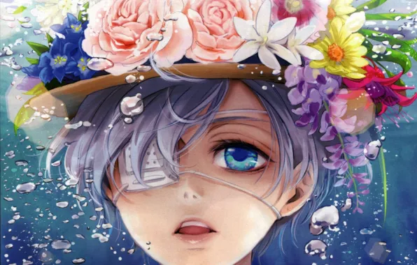 Картинка цветы, пузыри, розы, шляпа, аниме, арт, повязка, парень