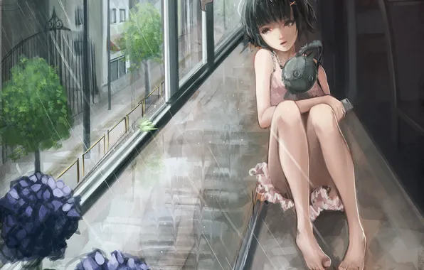 Картинка девушка, цветы, дождь, игрушка, аниме, окно, арт, baka