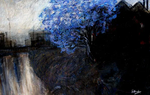 Картинка пейзаж, дерево, картина, синее, маслом