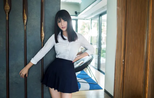 Beautiful, Asian, Model, Woman, Pretty, Skirt, Uniform, Spear