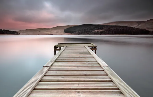 Картинка небо, тучи, озеро, вечер, Шотландия, Великобритания, деревянный, мостик