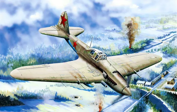Картинка aircraft, war, art, airplane, painting, ww2, Ilyushin Il-2, IL-2 Sturmovik