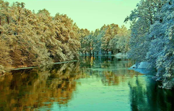 Картинка зима, иней, небо, снег, деревья, пейзаж, река