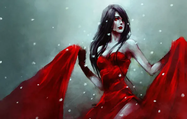 Картинка девушка, кровь, страсть, лепестки, красное платье, art, nanfe
